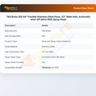 T&S Brass 100 Spray Valve W/Flexible SS Hose 44" Male Inlet 1/2" Automatic Shut-Off Valve