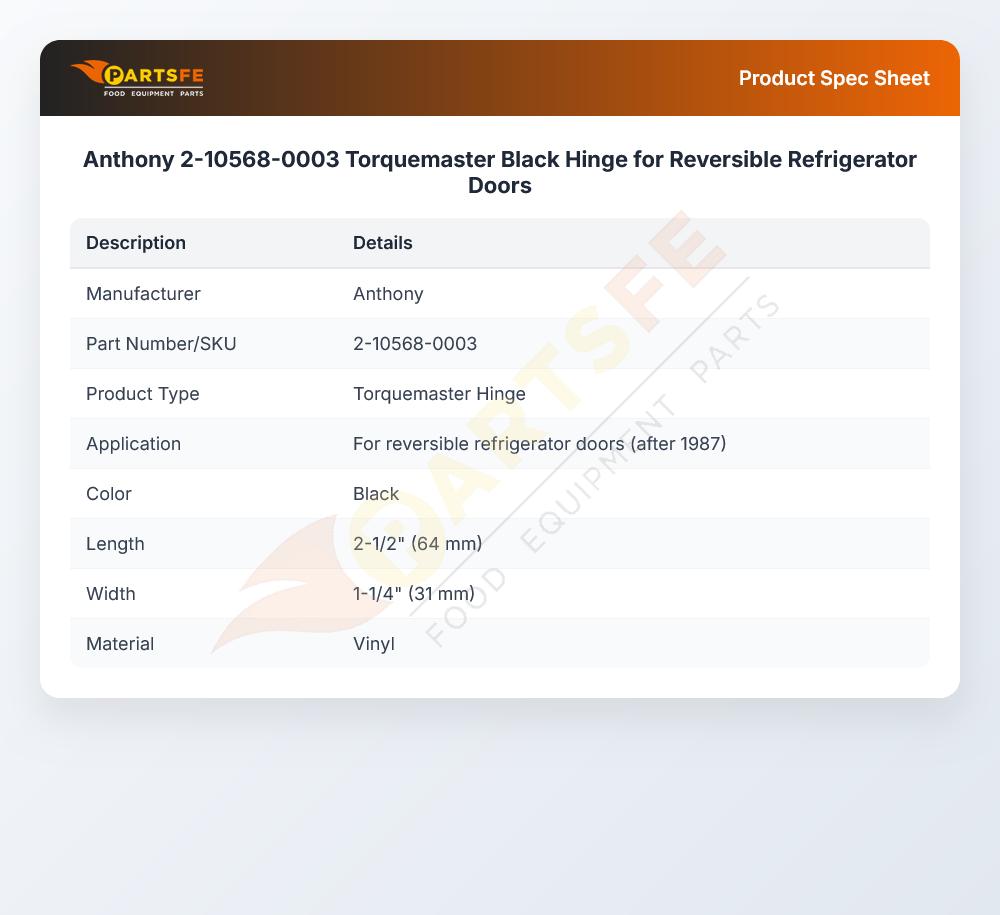 Anthony 2-10568-0003 Torquemaster Black Hinge for Reversible Refrigerator Doors