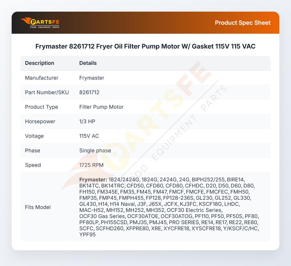 Frymaster 8261712 Fryer Oil Filter Pump Motor W/Gasket 115V