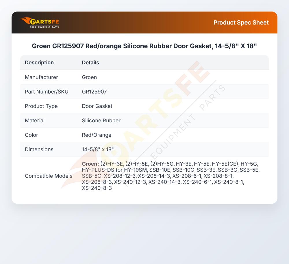 Groen GR125907 Convection Steamer Door Gasket Red/Orange Silicone Rubber 14-5/8" X 18"