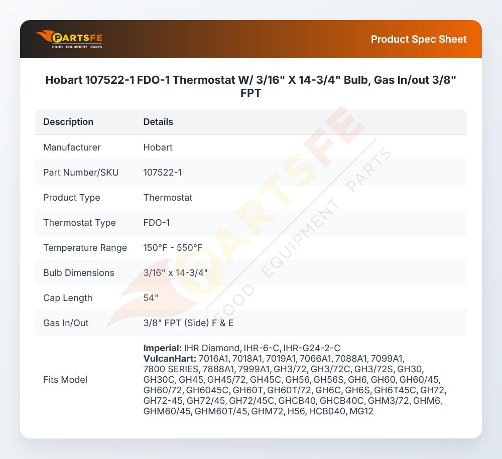 Hobart 107522-1 Thermostat W/O Knob 3/16" X 14-3/4" FDO-1
