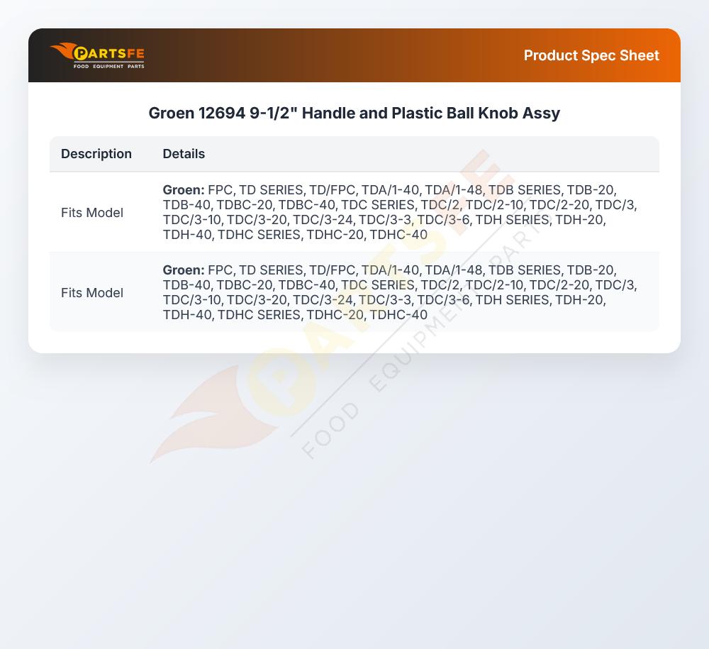 Groen 12694 9-1/2" Handle and Plastic Ball Knob Assy