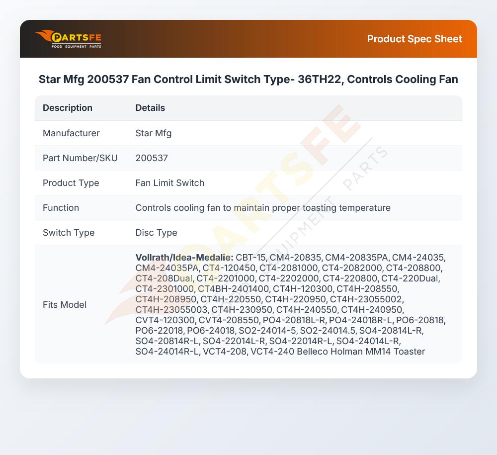 Star Mfg 200537 Fan Control Limit Switch Type- 36TH22, Controls Cooling Fan