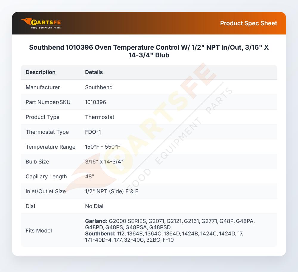 Southbend 1010396 Temperature Thermostat Control W/1/2" NPT In/Out 3/16" X 14-3/4"