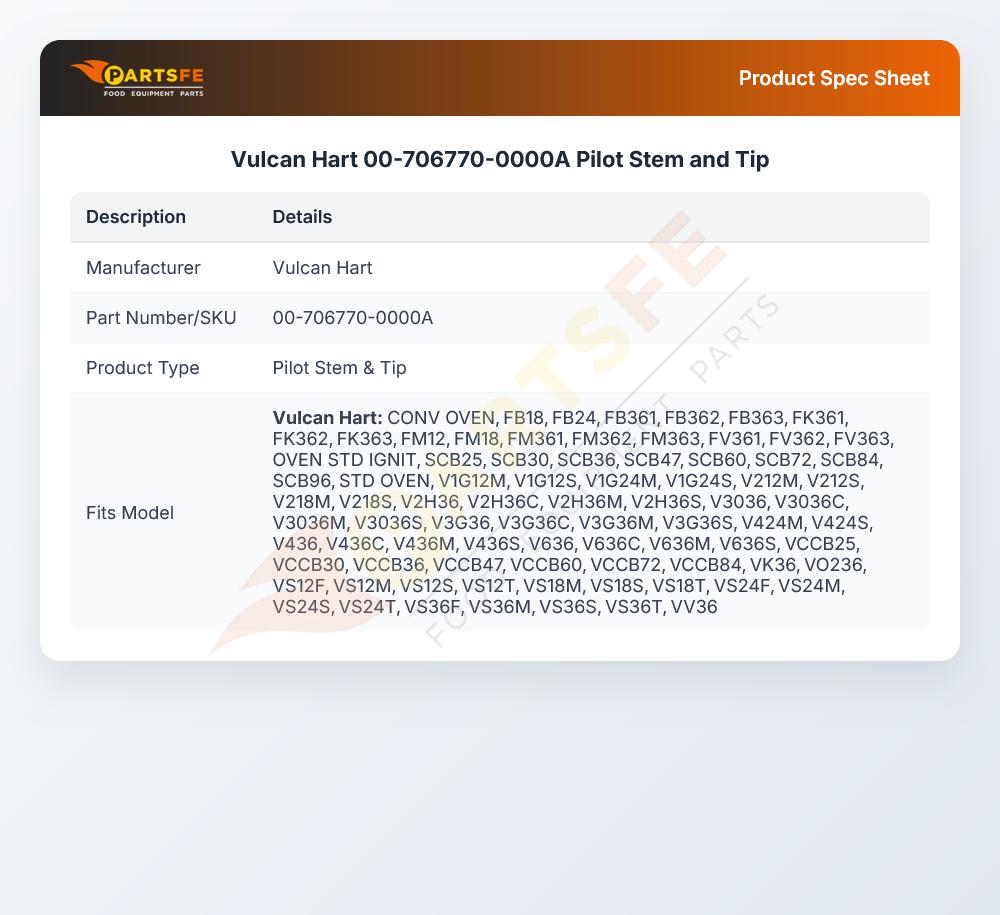 Vulcan Hart 00-706770-0000A Oven Pilot Stem & Tip 7"