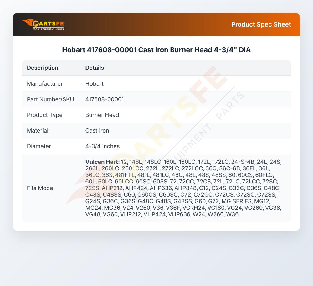 Hobart 417608-00001 Cast Iron Burner Head 4-3/4" DIA