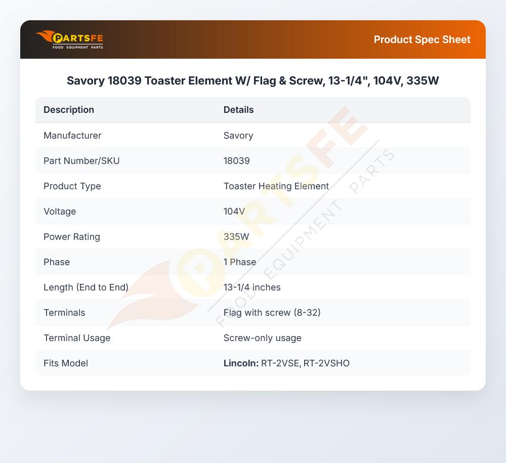 Savory 18039 Heating Element W/Flag & Screw 13-1/4" 335W 104V