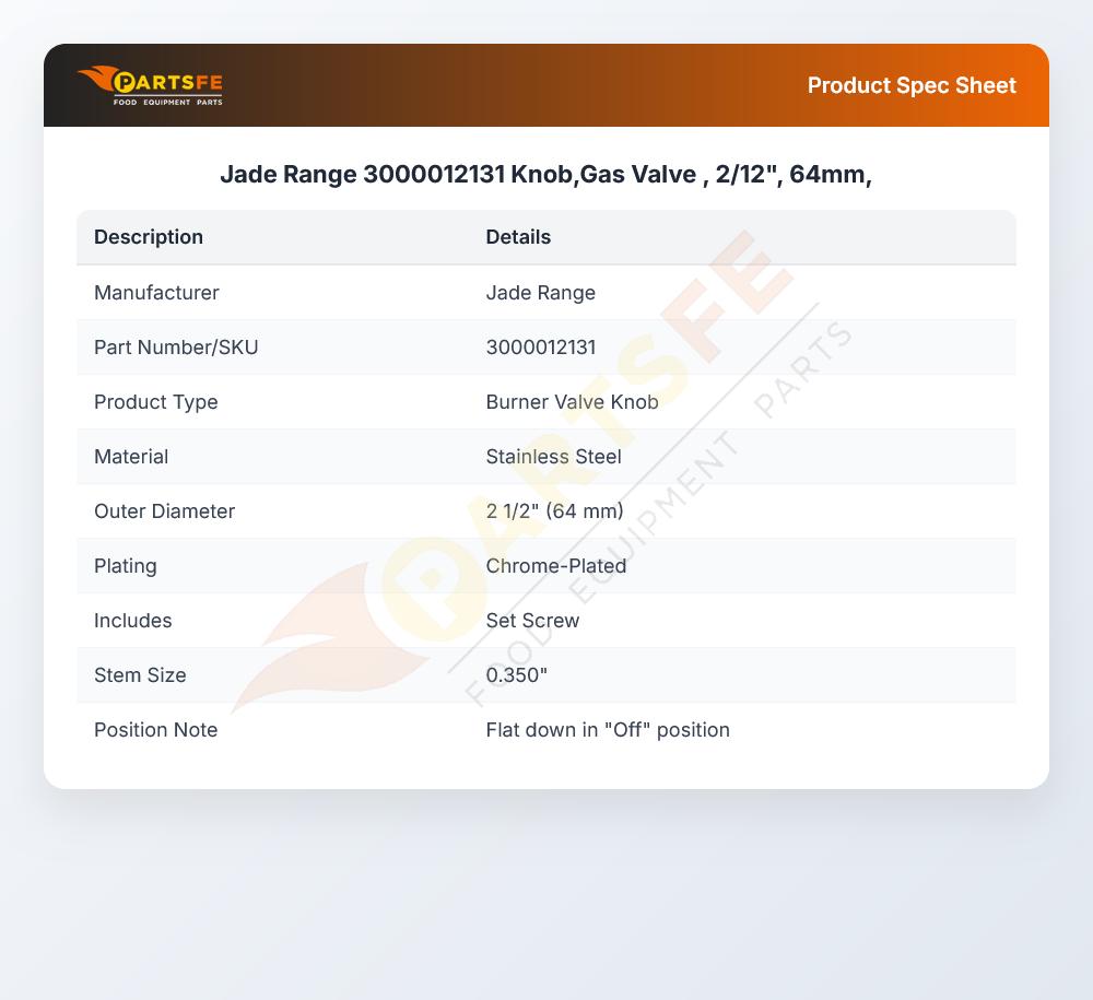 Jade Range 3000012131 Gas Valve Knob 2-1/2"OD SS