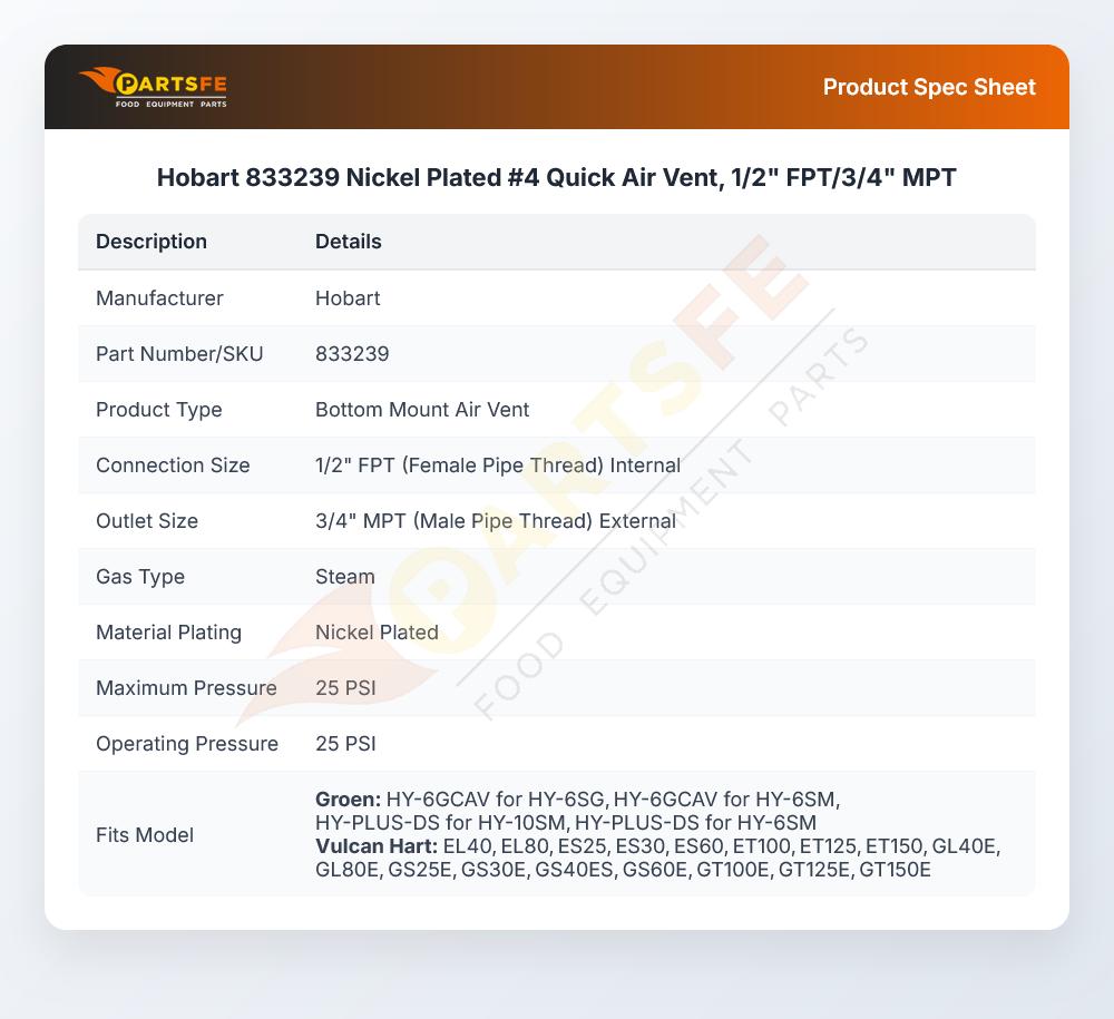 Hobart 833239 Bottom Mount Air Vent 1/2" X 3/4"