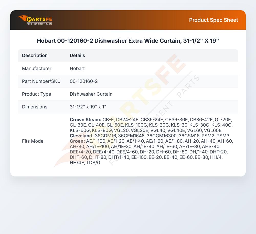 Hobart 00-120160-2 Extra Wide Curtain 31-1/2" X 19"