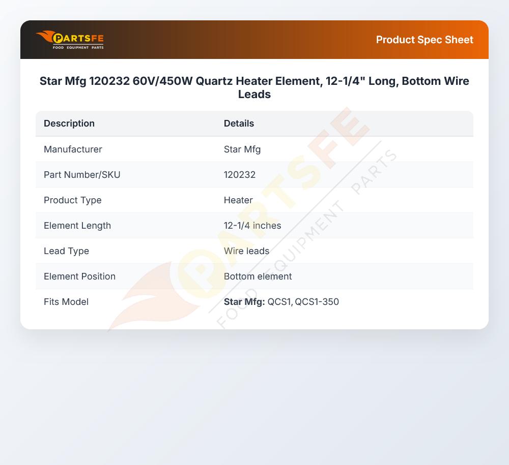 Star Mfg 120232 Quartz Heater 450W 60V