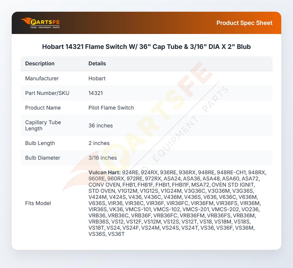 Hobart 14321 Flame Switch 36" Capillary Tube 3/16" DIA X 2" Blub