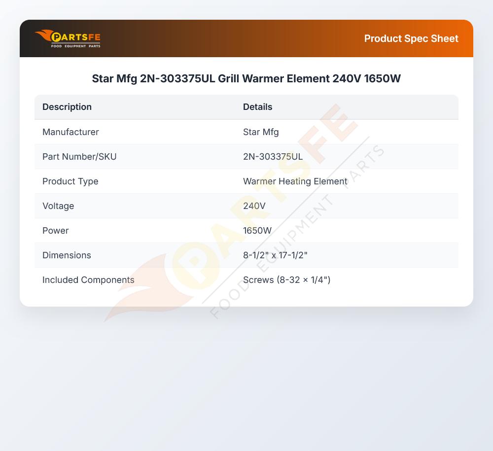 Star Mfg 2N-303375UL Grill Warmer Element 240V 1650W