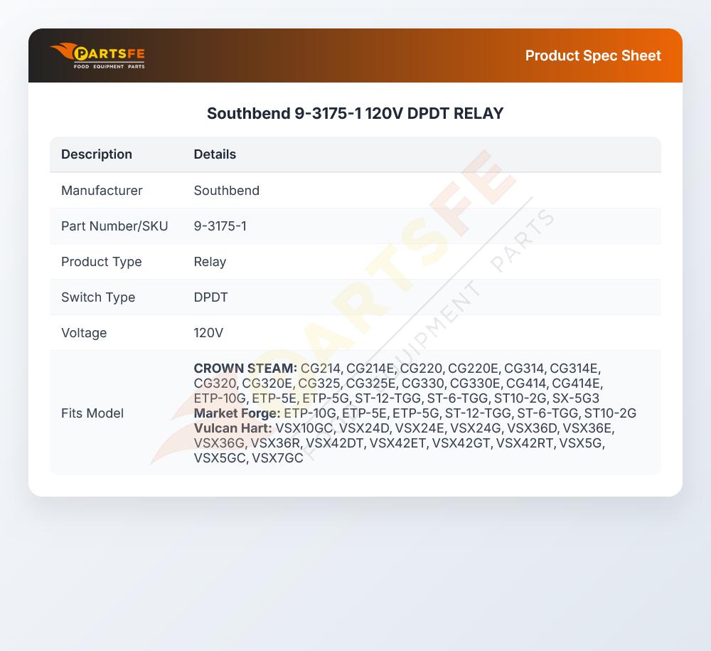 Southbend 9-3175-1 Relay DPDT 120V