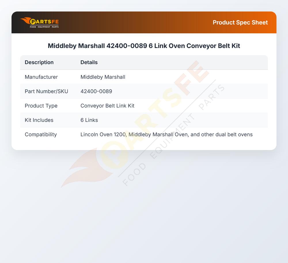 Middleby Marshall 42400-0089 6 Link Oven Conveyor Belt Kit