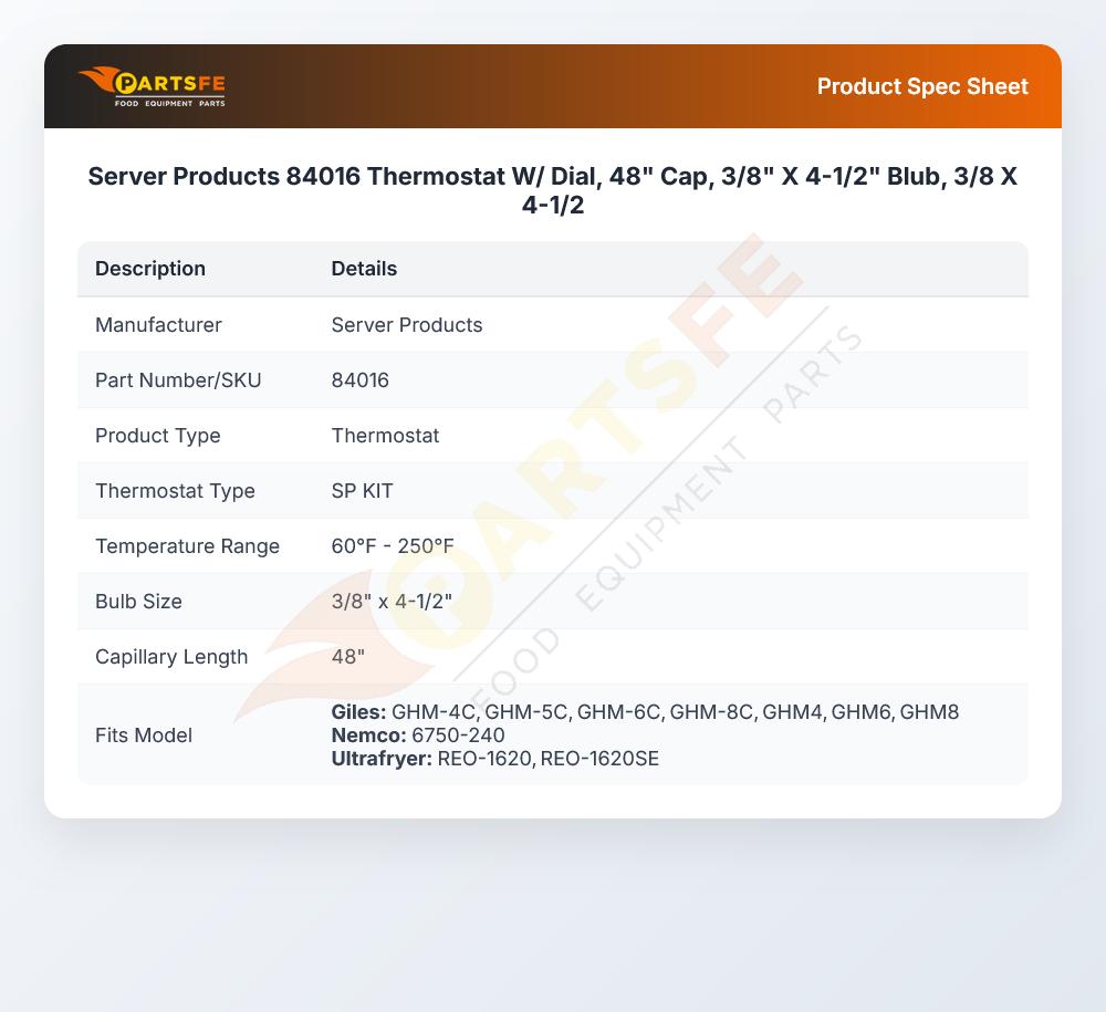 Server Products 84016 Thermostat W/Dial 3/8" X 4-1/2" 48" CAP