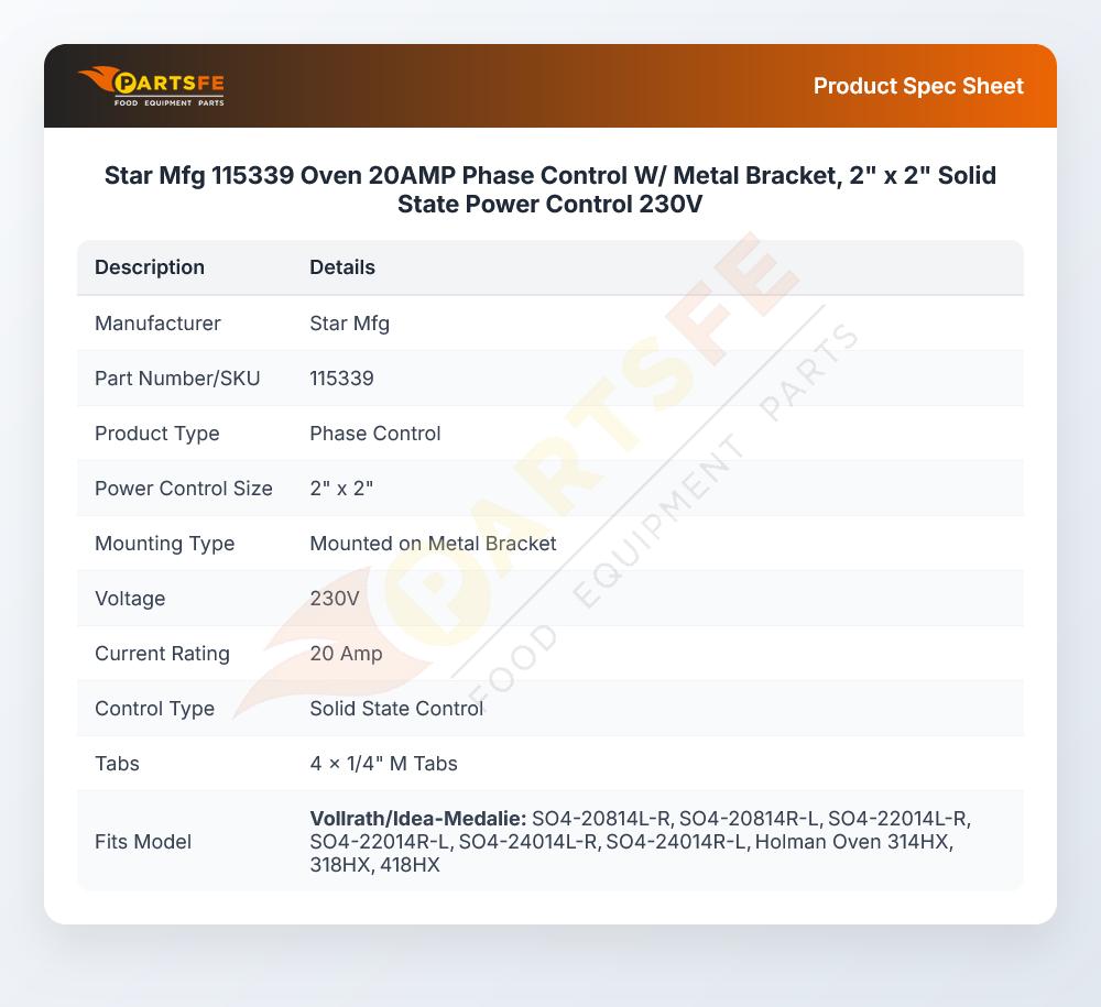 Star Mfg 115339 Oven Phase Control Assembly 208V