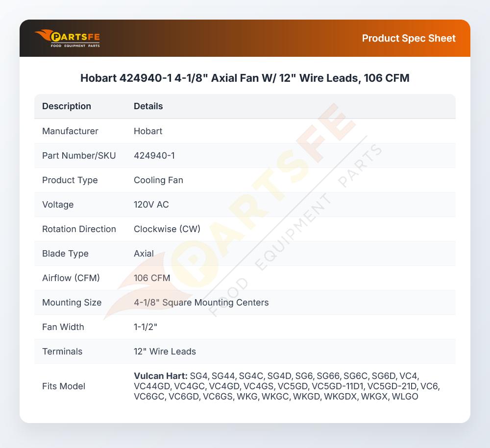 Hobart 424940-1 Axial Fan 4-1/8" W/12" Wire Leads 106 CFM