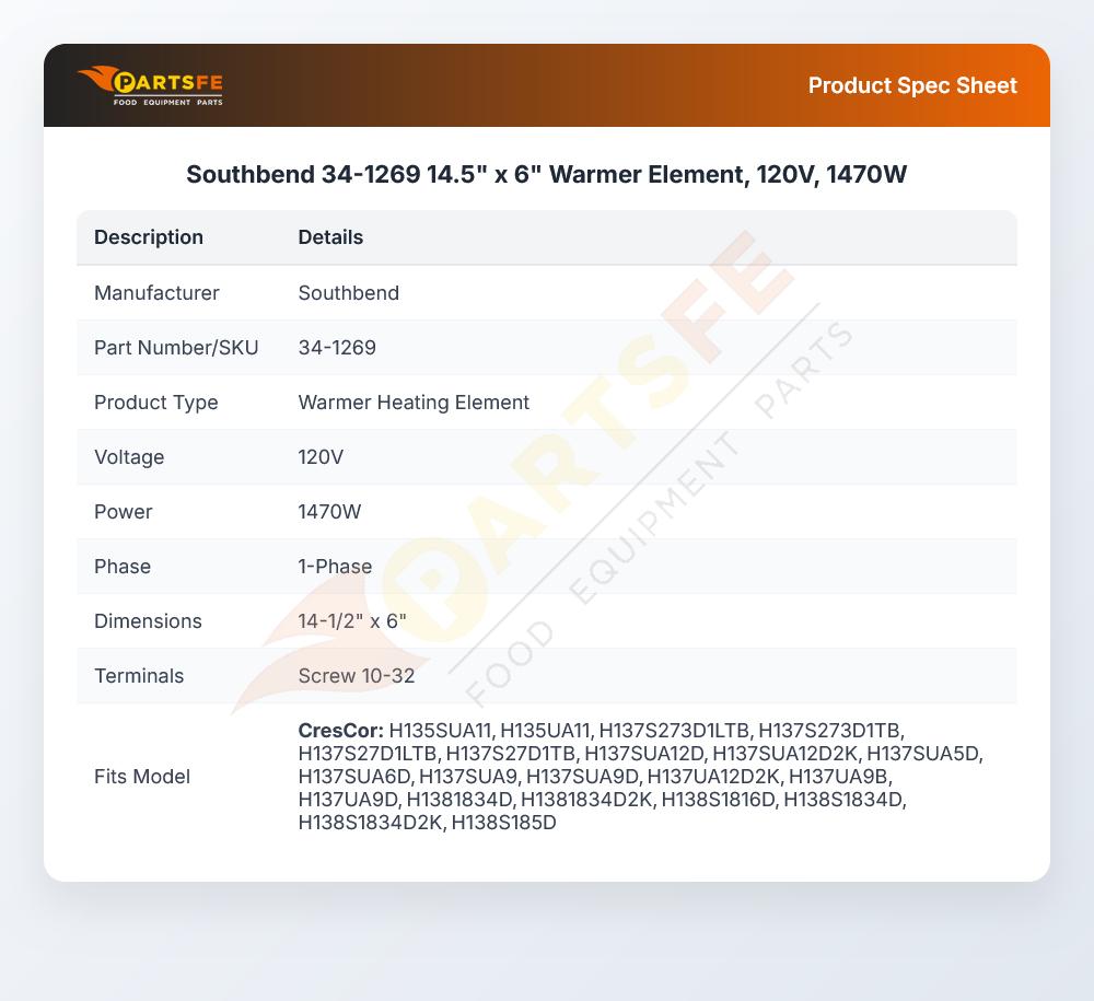 Southbend 34-1269 Warmer Element 14.5" x 6" 1470W 120V