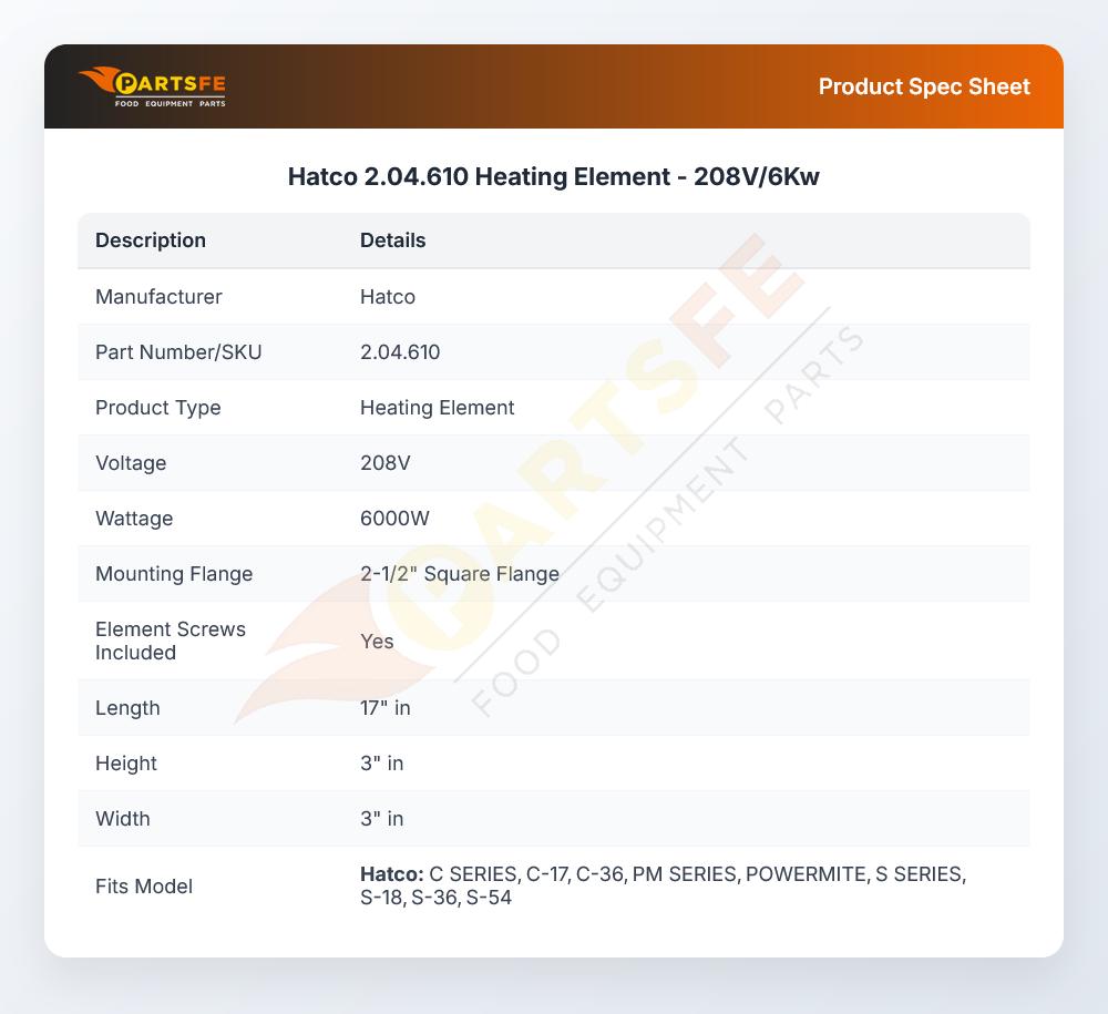 Hatco 2.04.610 Heating Element  - 208V/6Kw