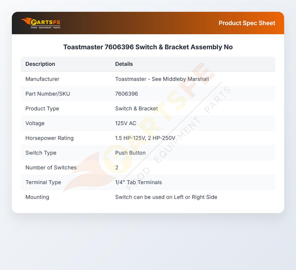 Toastmaster 7606396 Switch & Bracket Assembly No