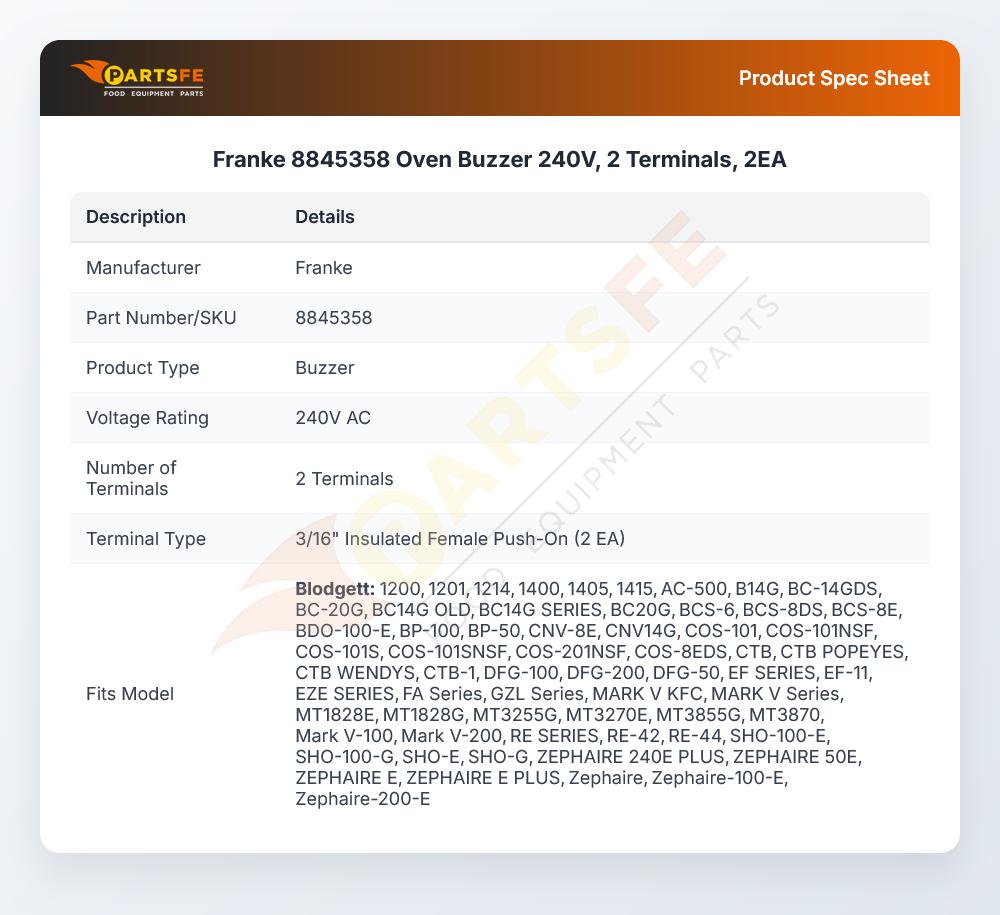 Franke 8845358 Oven Buzzer 240V, 2 Terminals, 2EA