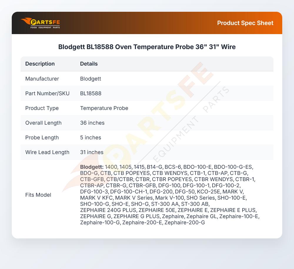 Blodgett BL18588 Oven Temperature Probe 36" 31" Wire