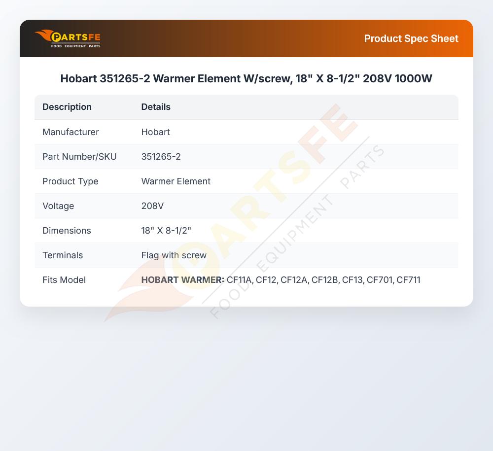 Hobart 351265-2 Warmer Element W/screw, 18" X 8-1/2" 208V 1000W