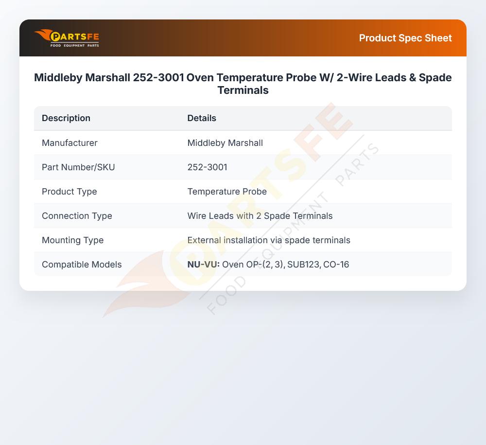 Middleby Marshall 252-3001 Oven Temperature Probe W/ 2-Wire Leads & Spade Terminals