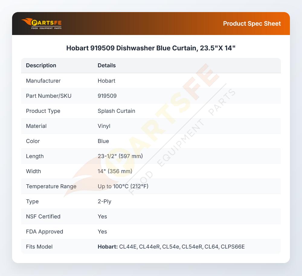 Hobart 919509 Dishwasher Blue Curtain, 23.5"X 14"