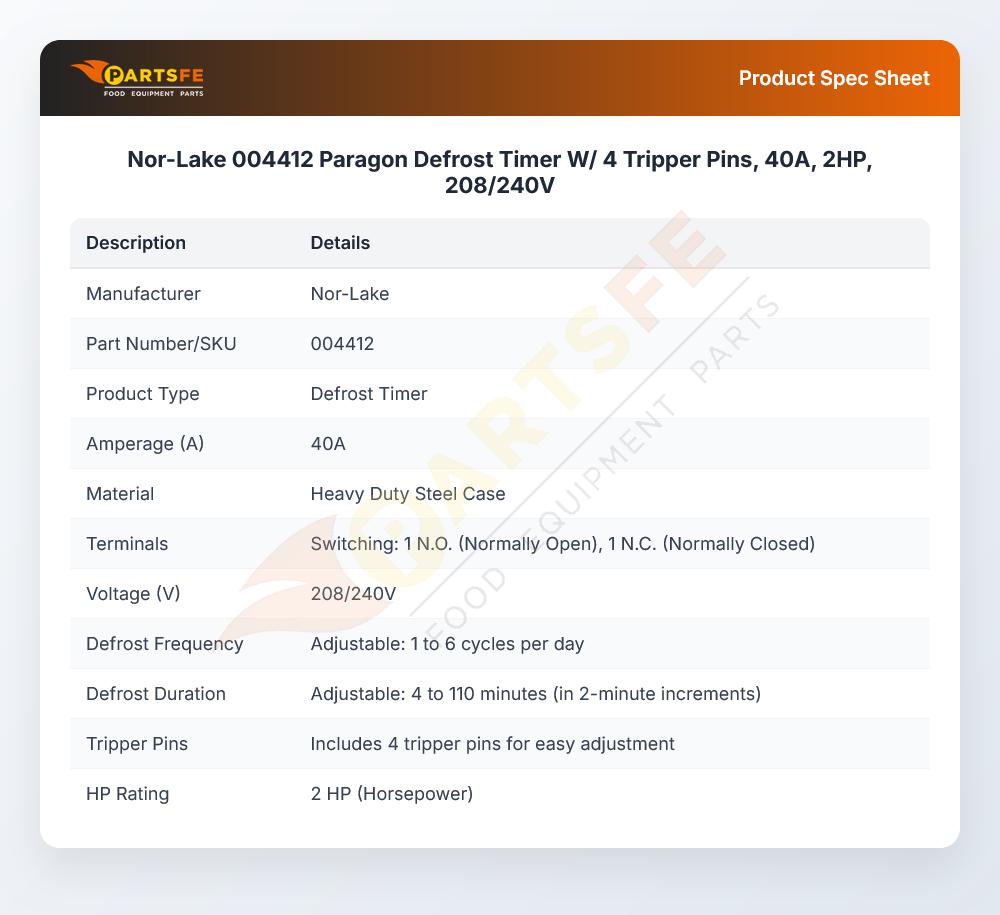Nor-Lake 004412 Defrost Timer Paragon 208/240V 8145-20B