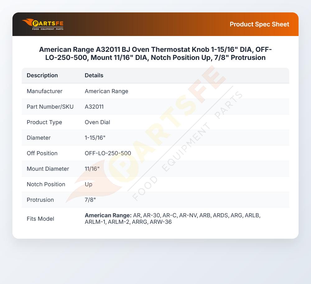 American Range A32011 Range BJ Thermostat Knob