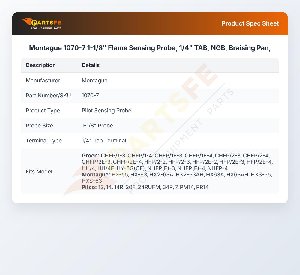 Montague 1070-7 Braising Pan Flame Sensor Probe 1-1/8"