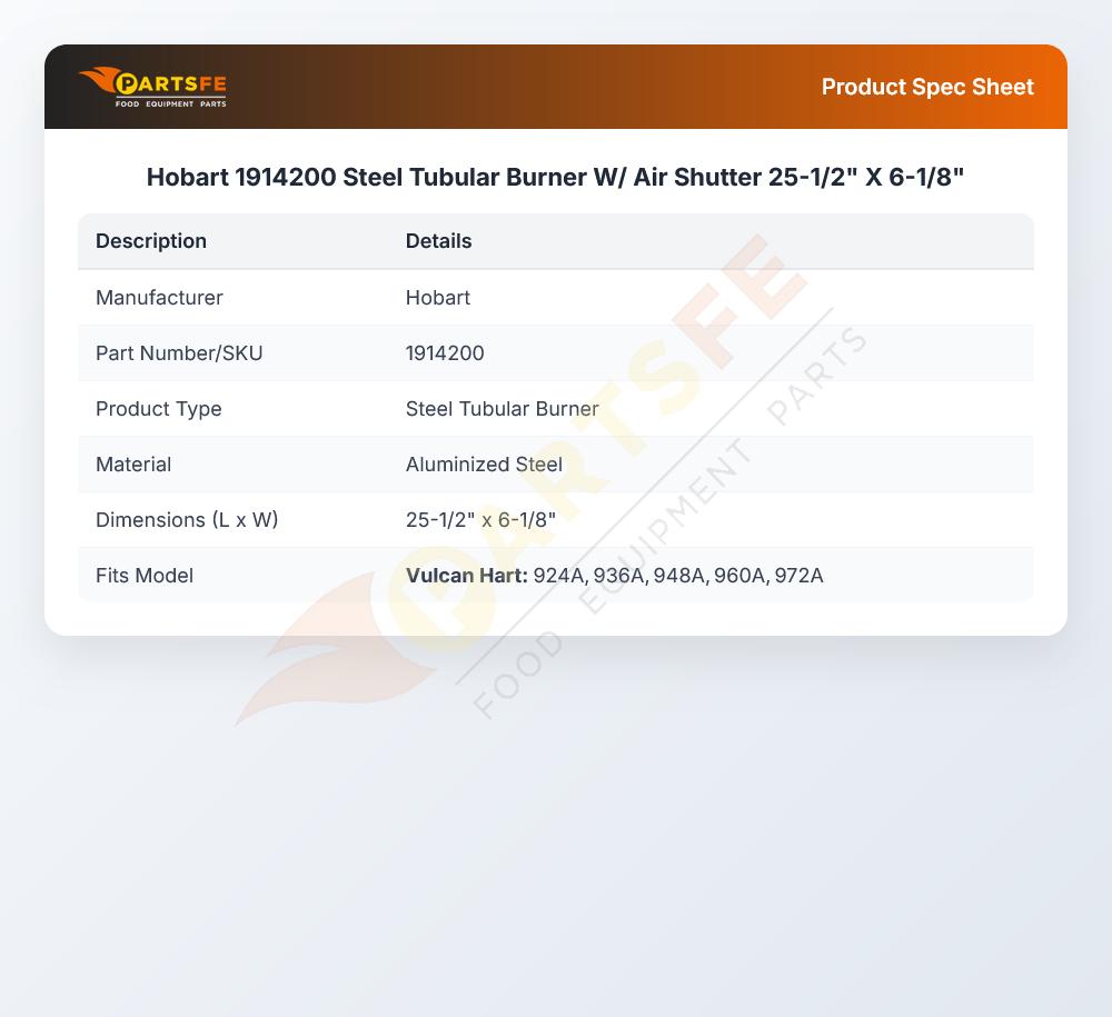 Hobart 1914200 Steel Tubular Burner W/ Air Shutter 25-1/2" X 6-1/8"