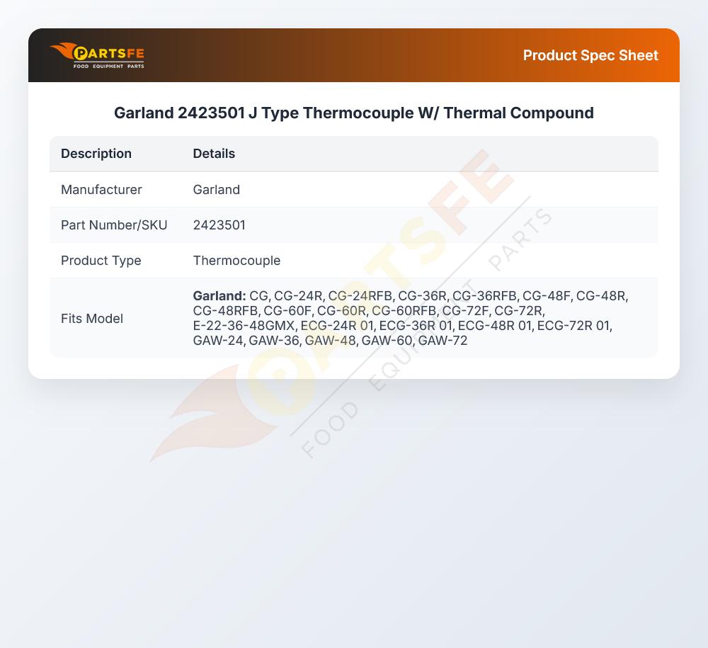 Garland 2423501 J Type Thermocouple W/ Thermal Compound