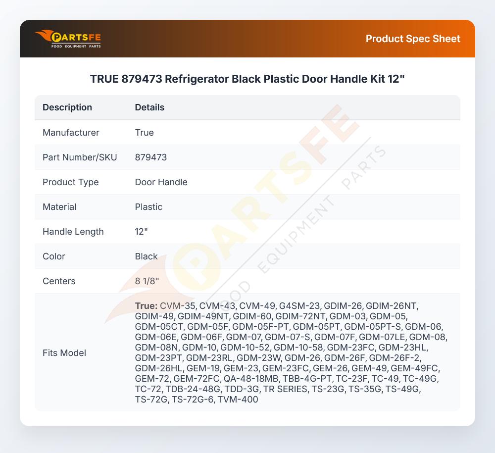 True 879473 Refrigerator Door Handle Kit Black Plastic 12"
