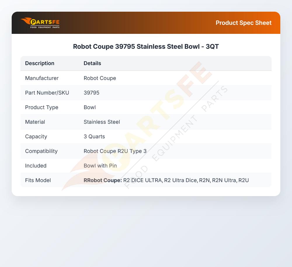 Robot Coupe 39795 Stainless Steel Bowl 3QT