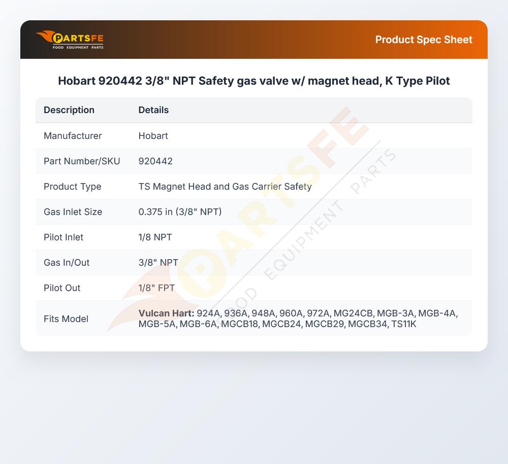 Hobart 920442 K-Type Gas Safety Pilot Valve Body & Magnet Head Assembly 3/8" NPT
