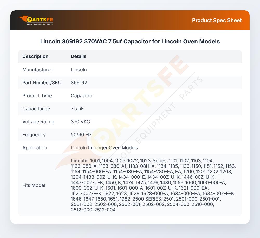 Lincoln 369192 Conveyor Oven Run Capacitor 7.5UF 370 VAC