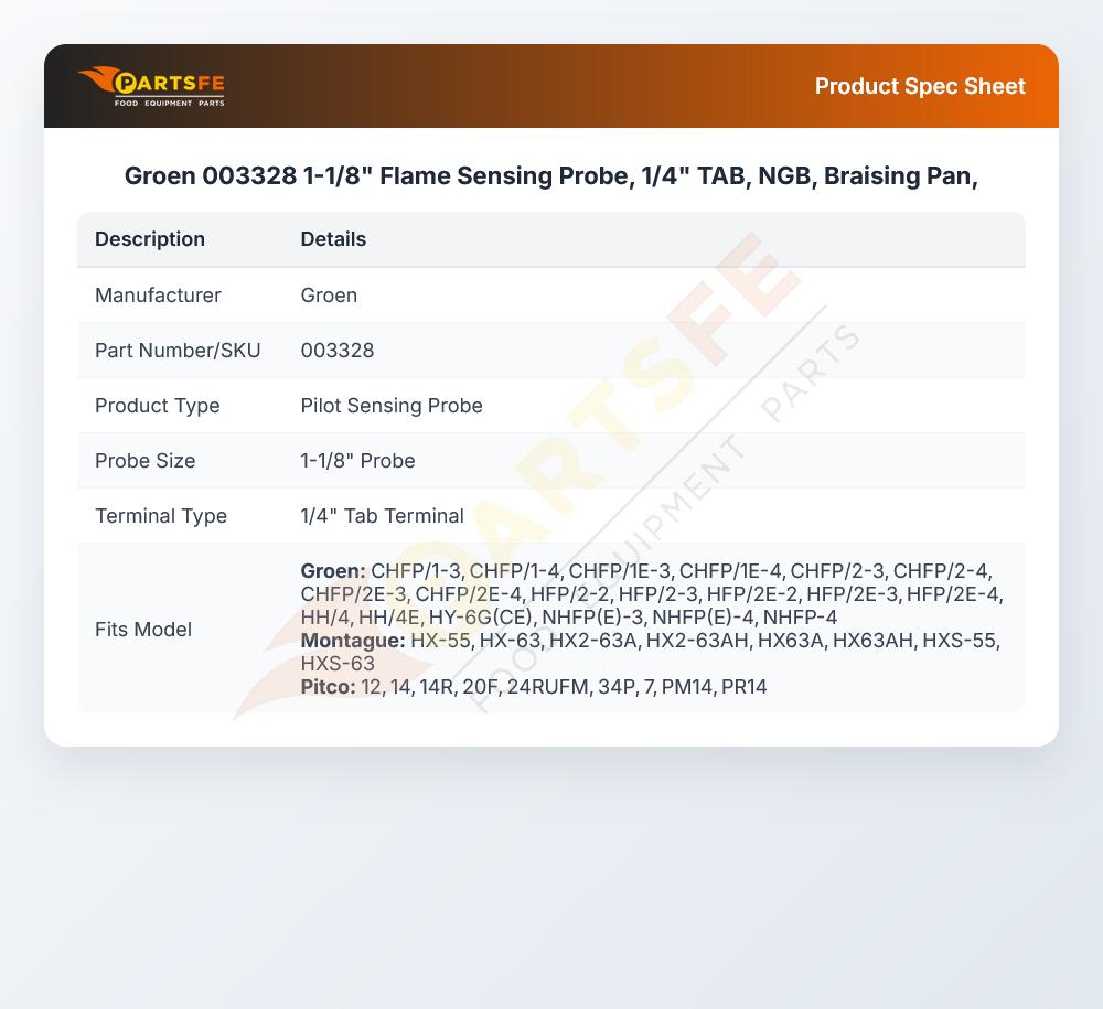 Groen 003328 1-1/8" Flame Sensing Probe, 1/4" TAB, NGB, Braising Pan,