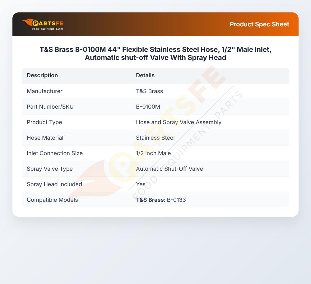 T&S Brass B-0100M Spray Valve W/Flexible SS Hose 44" Male Inlet 1/2" Automatic Shut-Off Valve