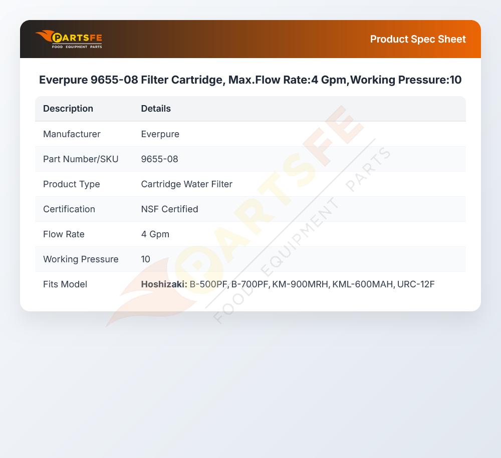 Everpure 9655-08 Filter Cartridge Max Flow Rate 4 Gpm Working Pressure 10