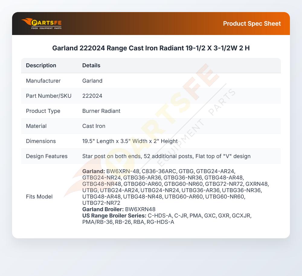 Garland 222024 Range Cast Iron Radiant 19-1/2 X 3-1/2W 2 H