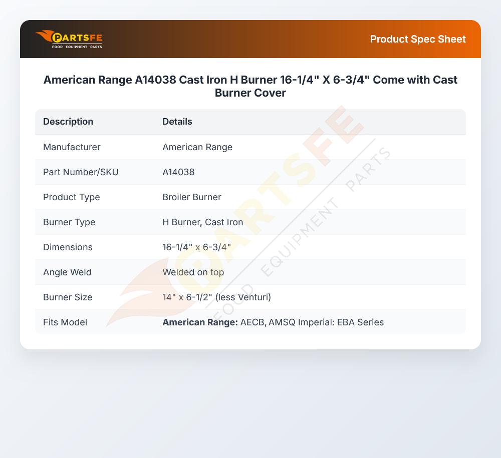 American Range A14038 Charbroiler Cast Iron H Burner 16-1/4" X 6-3/4"