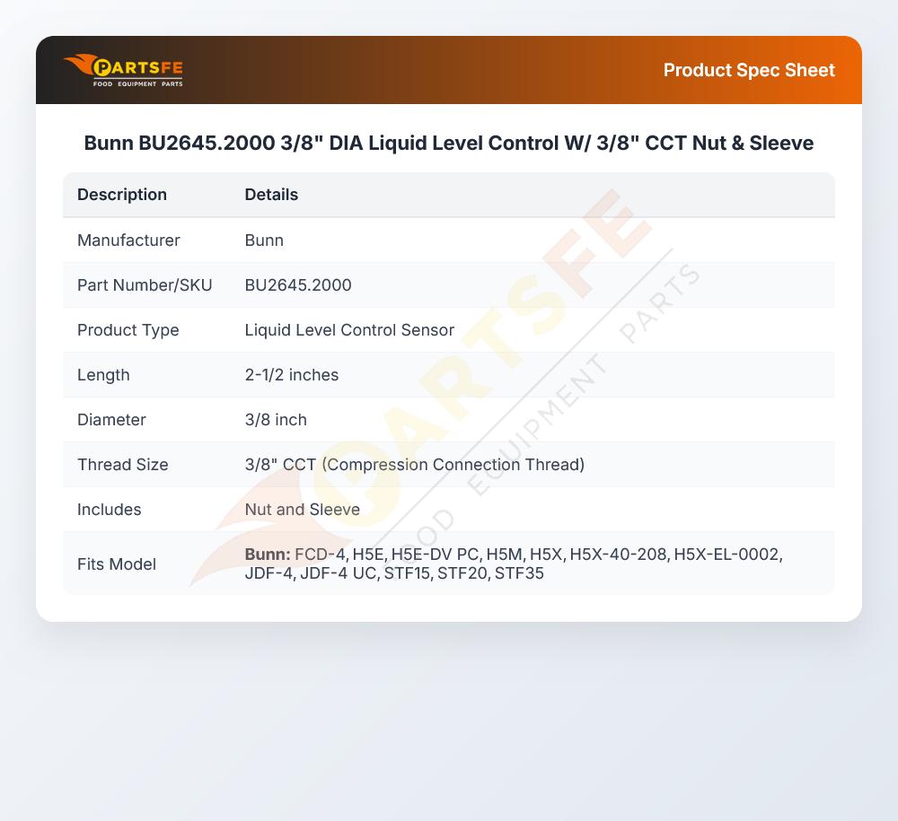 Bunn BU2645.2000 3/8" DIA Liquid Level Control W/ 3/8" CCT Nut & Sleeve