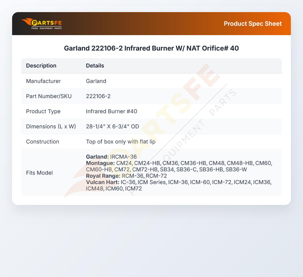 Garland 222106-2 Infrared Burner 27-1/4" X 6-3/4"