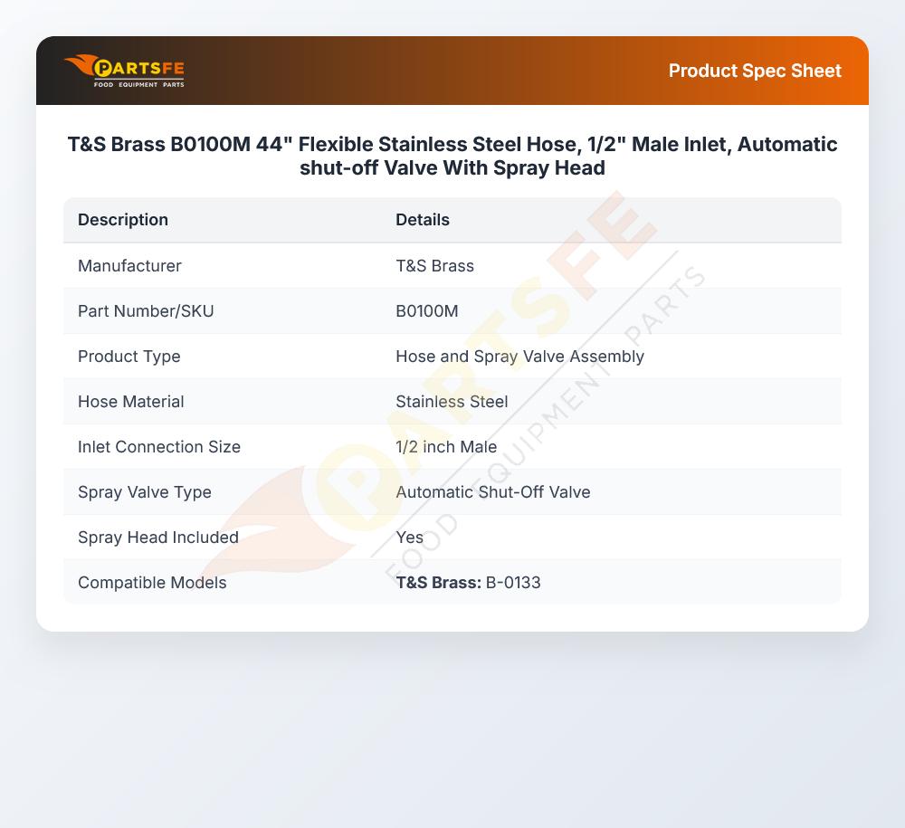 T&S Brass B0100M Spray Valve W/Flexible SS Hose 44" Male Inlet 1/2" Automatic Shut-Off Valve