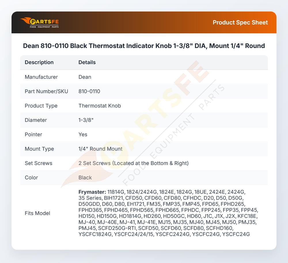 Dean 810-0110 Thermostat Indicator Knob 1-3/8" DIA Mount 1/4" Round