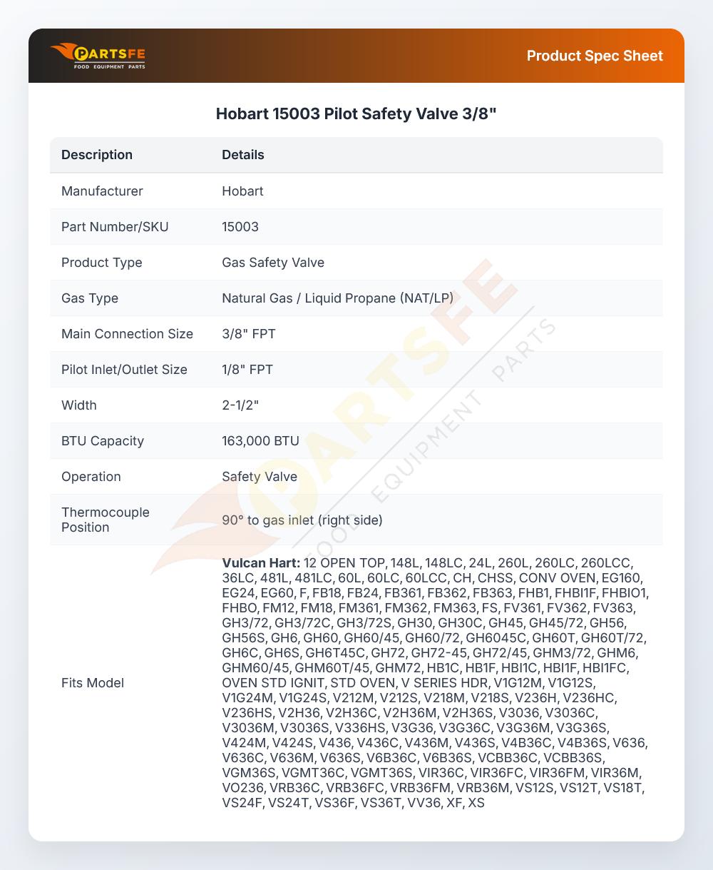 Hobart 15003 Pilot Safety Valve 3/8"