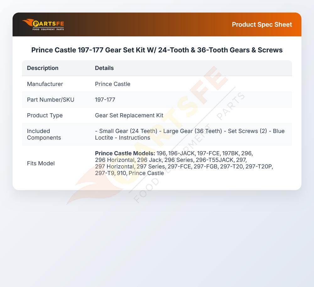 Prince Castle 197-177 Gear Set Kit W/24-Tooth & 36-Tooth Gears & Screws
